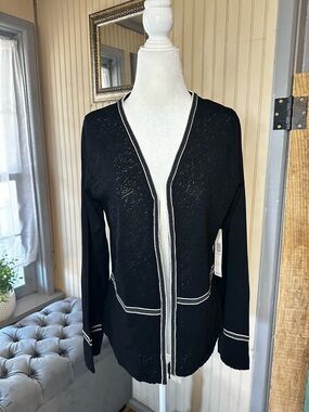 Kate Hill NWT Lace Trim Cardigan Size M Black Zip Up Front Lightweight $86